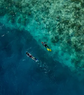 People scuba divers in the water near Dhawa Ihuru in the Maldives