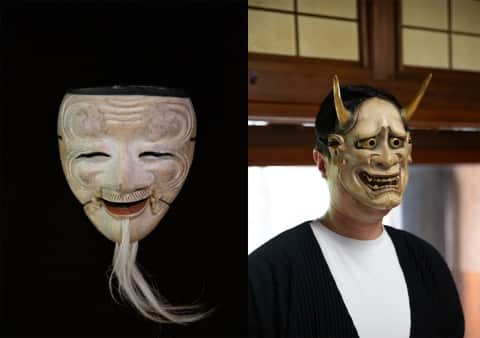 banyan tree higashiyama kyoto japan example of traditional noh mask with a white beard pictured next to a man in white and black wearing a wooden noh mask in a woodwork studio