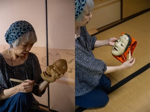 banyan tree higashiyama kyoto 77-year-old master craftsman Mitsue Nakamura showing traditional japanese noh masks