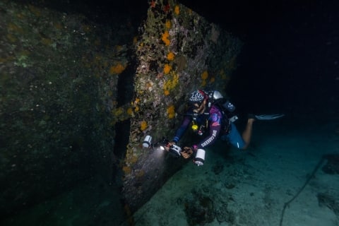 A diver exploring the Rannamaari shipwreck at night, near Dhawa Ihuru in the Maldives